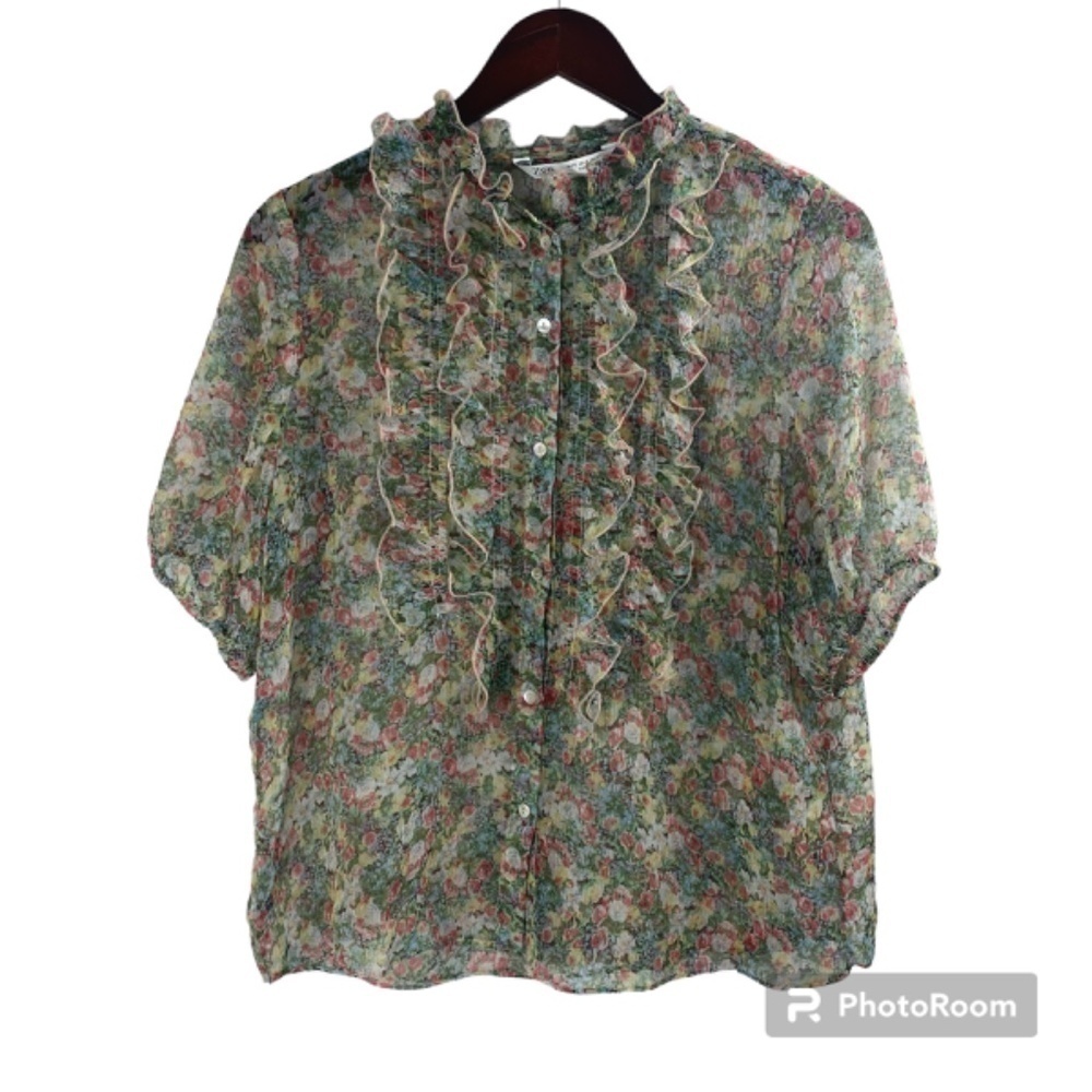 Zara Floral Ruffle Short-Sleeve Blouse in Multicolor